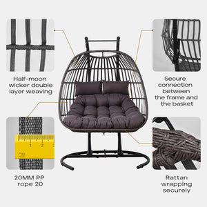 A-ECO LIVING Double Egg Swing Chair, Wicker Hammock Chair with Cushions and Headrest Pillow, 500lbs, 2 Person Outdoor Patio Hanging Chair for Indoor Porch Garden Balcony